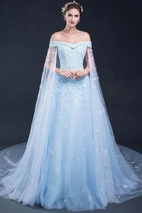 Gorgeous Tulle Off the Shoulder Blue With Lace Appliuqes Prom Dresses