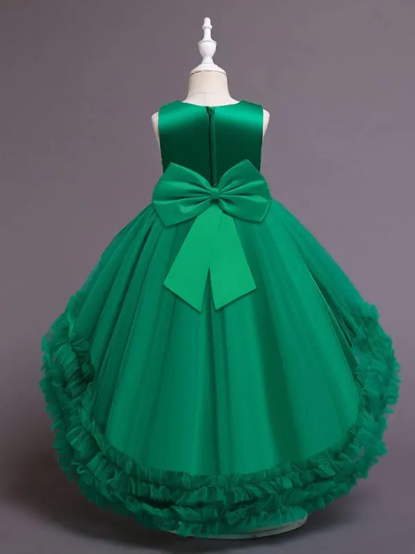 Green Tulle Sequined Kids Party Dresses Sleeveless Flower Girl Dresses with Bows