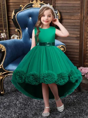 Green Tulle Sequined Kids Party Dresses Sleeveless Flower Girl Dresses with Bows