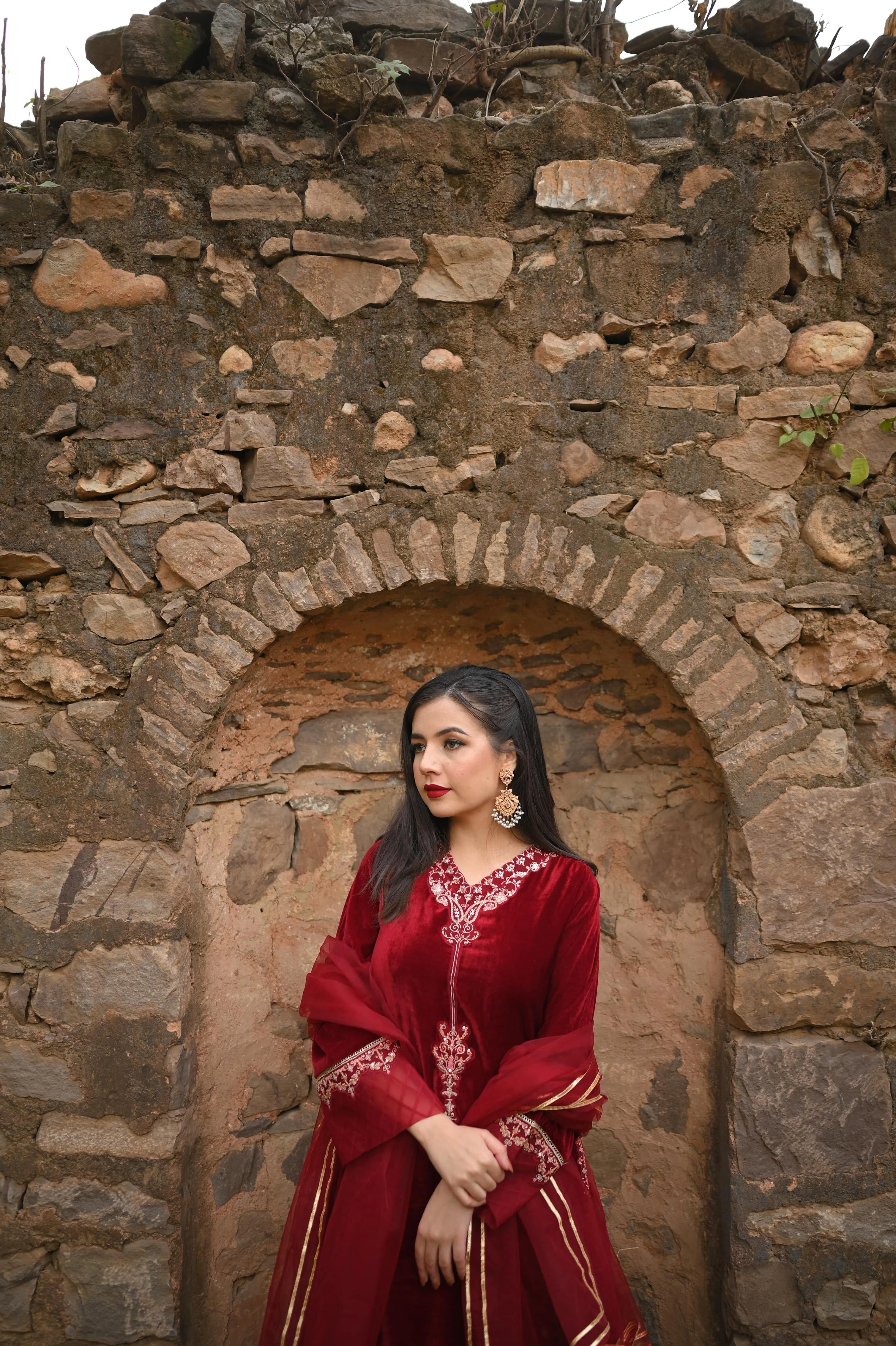 GULNAAR 3PC Red Velvet Dress Suit