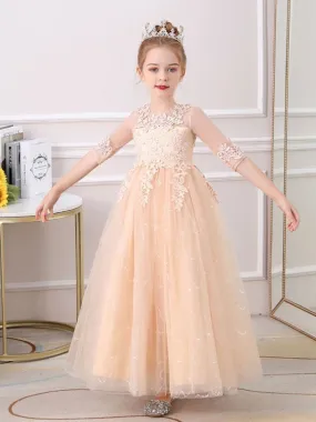 Half Sleeves Champagne Flower Girl Dresses Jewel Neck Ankle-Length A-Line Flowers Kids Party Dresses