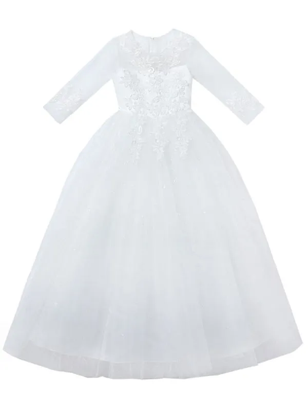 Half Sleeves Champagne Flower Girl Dresses Jewel Neck Ankle-Length A-Line Flowers Kids Party Dresses