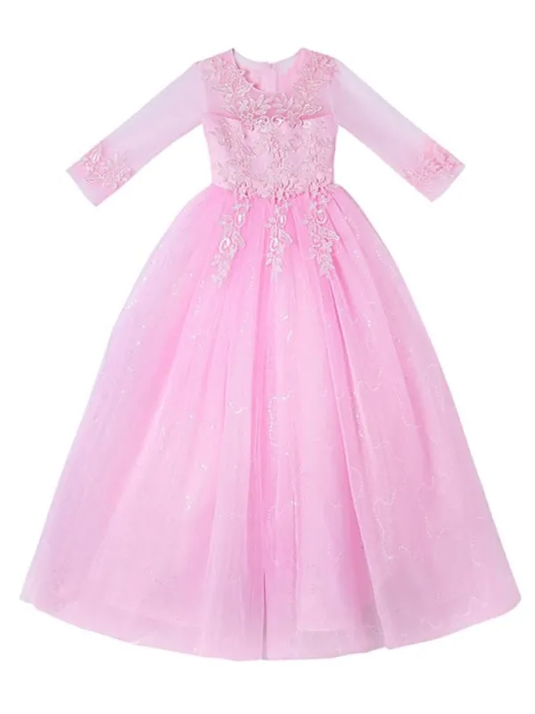 Half Sleeves Champagne Flower Girl Dresses Jewel Neck Ankle-Length A-Line Flowers Kids Party Dresses