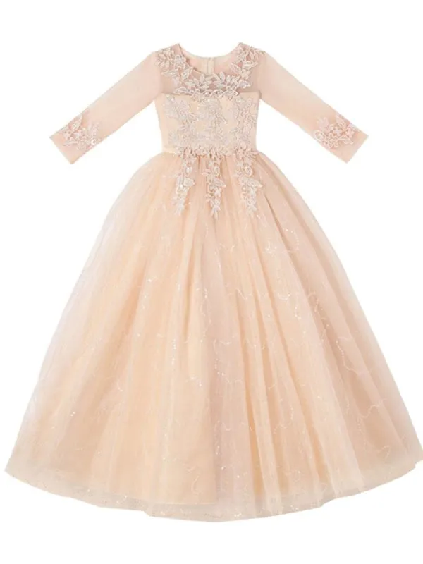 Half Sleeves Champagne Flower Girl Dresses Jewel Neck Ankle-Length A-Line Flowers Kids Party Dresses