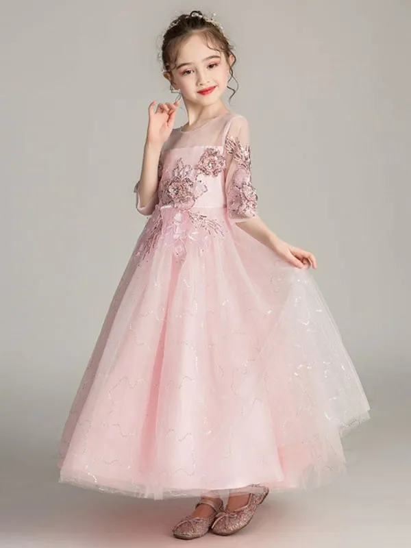 Half Sleeves Flower Girl Dresses Jewel Neck Tulle Ankle Length Princess Silhouette Embroidered Kids Party Dresses