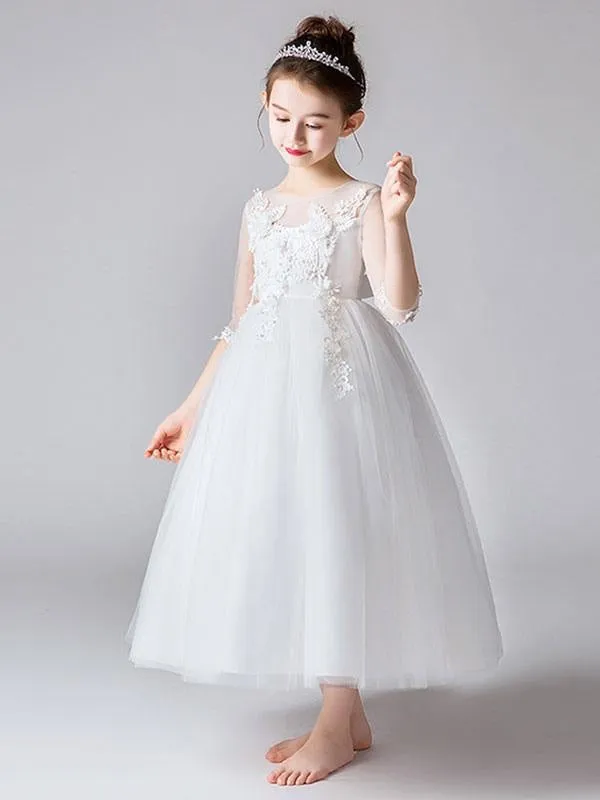 Half Sleeves Pearl Pink Flower Girl Dresses Jewel Neck Bows Kids Party Dresses