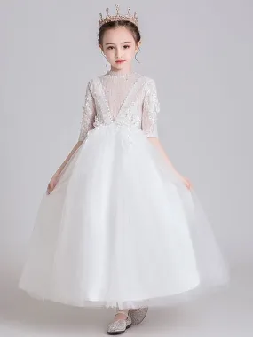 Half Sleeves White Flower Girl Dresses Jewel Neck Ankle-Length Princess Dress Kids Formal  Dresses