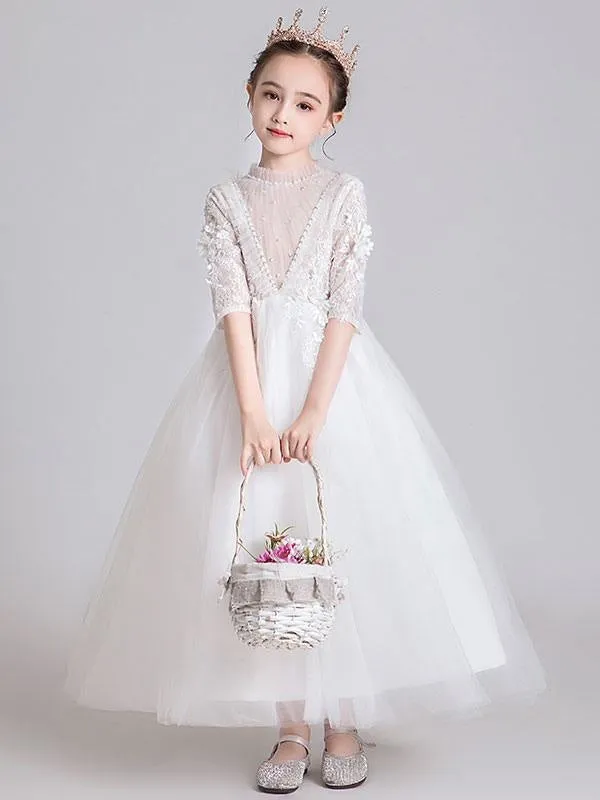 Half Sleeves White Flower Girl Dresses Jewel Neck Ankle-Length Princess Dress Kids Formal  Dresses