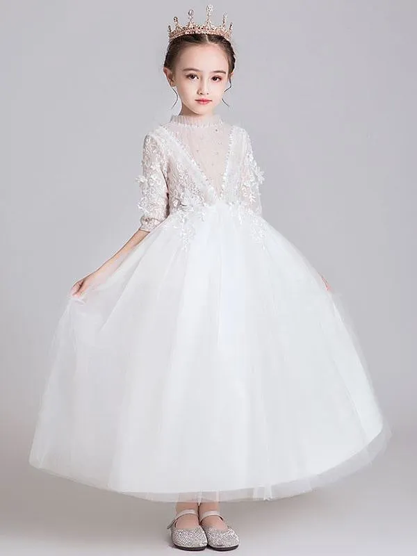 Half Sleeves White Flower Girl Dresses Jewel Neck Ankle-Length Princess Dress Kids Formal  Dresses