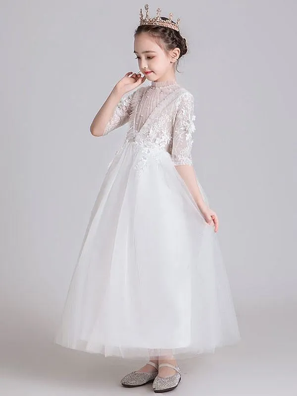 Half Sleeves White Flower Girl Dresses Jewel Neck Ankle-Length Princess Dress Kids Formal  Dresses