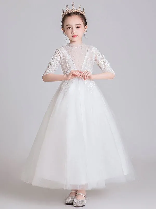 Half Sleeves White Flower Girl Dresses Jewel Neck Ankle-Length Princess Dress Kids Formal  Dresses