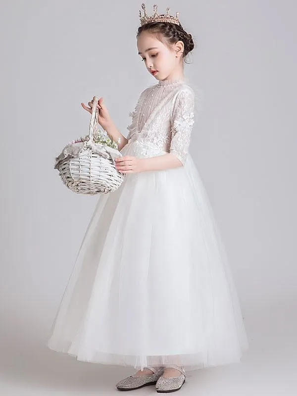 Half Sleeves White Flower Girl Dresses Jewel Neck Ankle-Length Princess Dress Kids Formal  Dresses