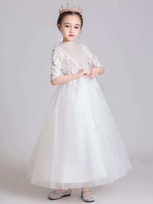 Half Sleeves White Flower Girl Dresses Jewel Neck Ankle-Length Princess Dress Kids Formal  Dresses