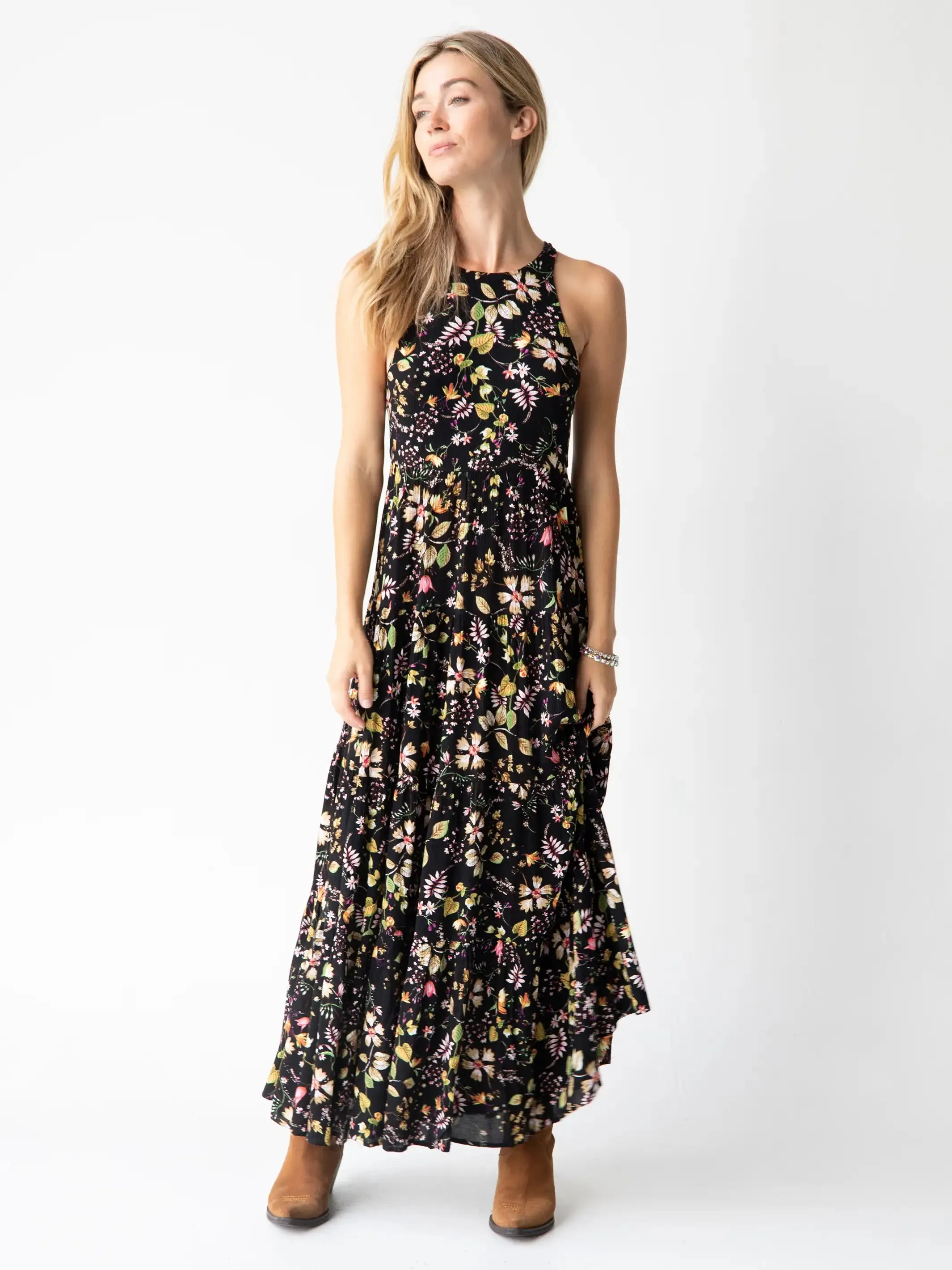 Halle Printed Halter Maxi Dress - Black Floral Stems