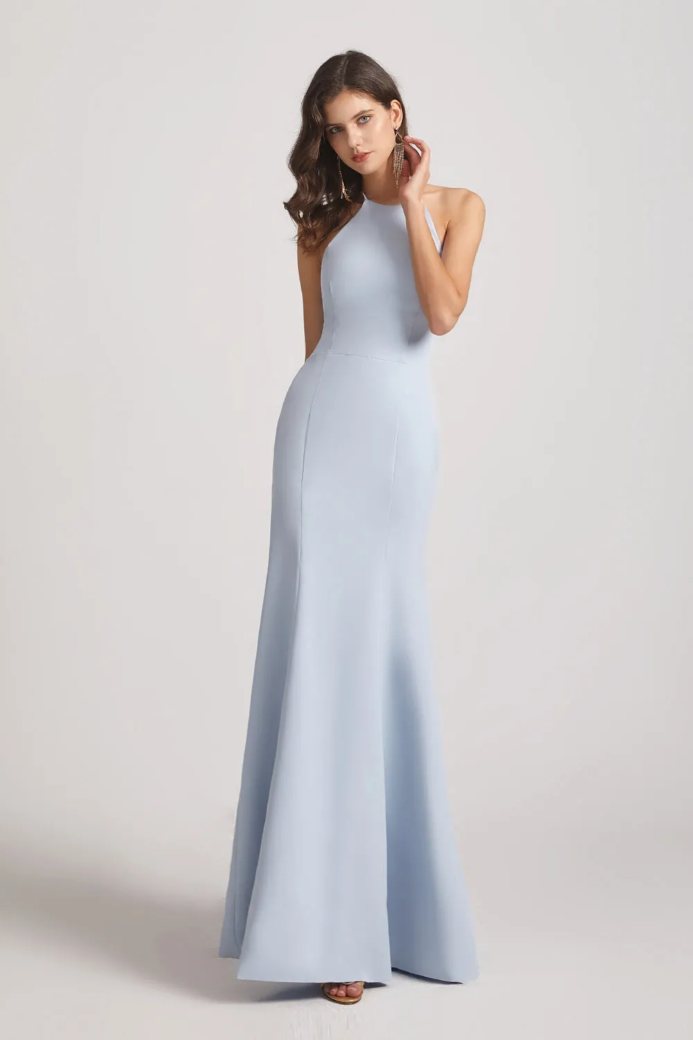 Halter Criss Cross Back Blue Long Bridesmaid Dresses (AF0139)