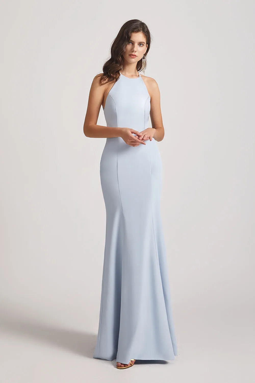 Halter Criss Cross Back Blue Long Bridesmaid Dresses (AF0139)