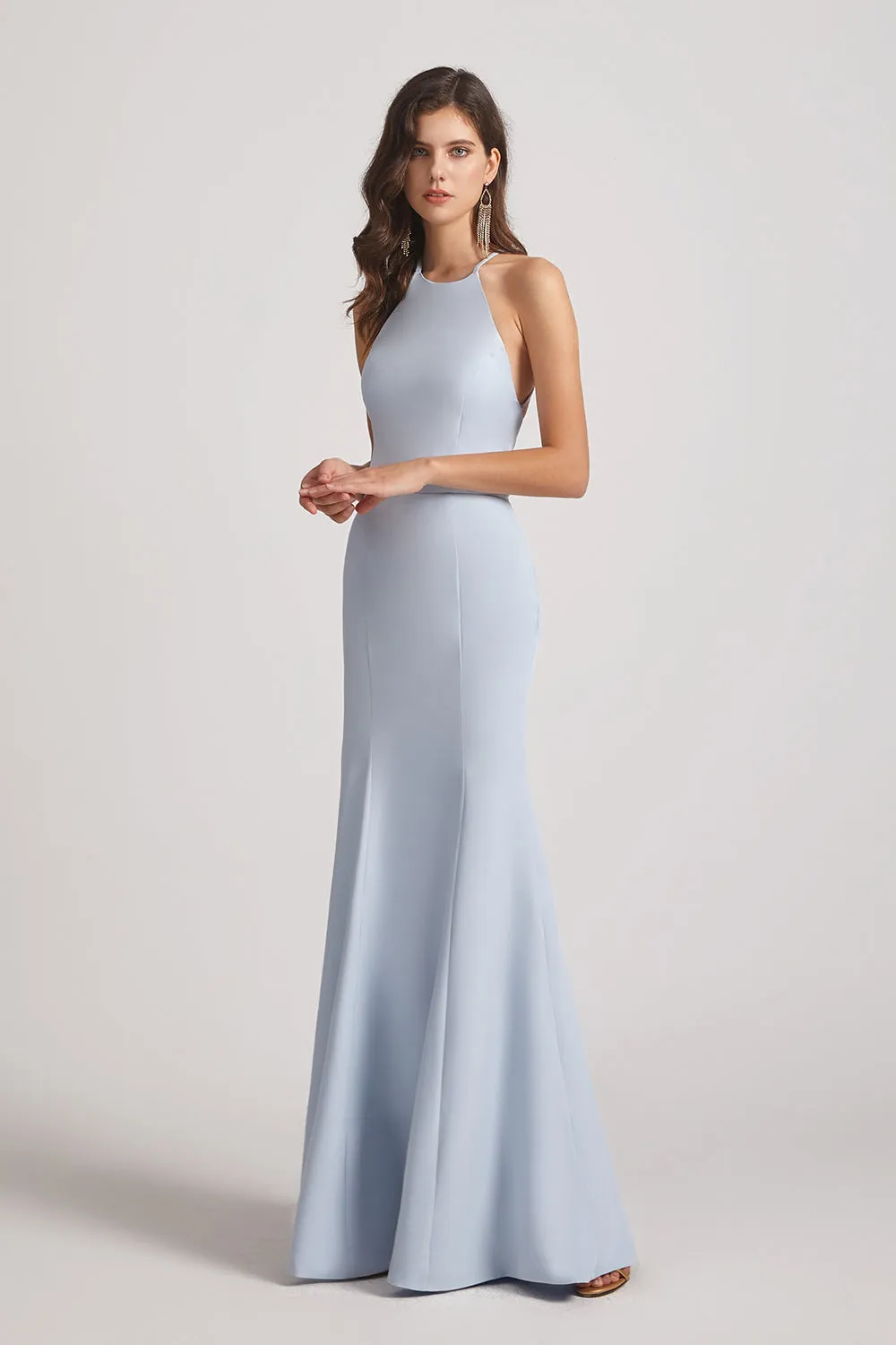 Halter Criss Cross Back Blue Long Bridesmaid Dresses (AF0139)