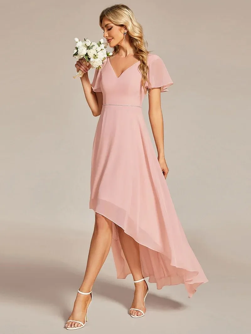 High Low Short Sleeve Chiffon Evening Dresses