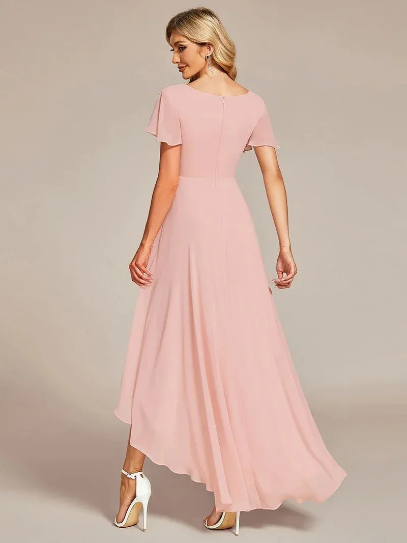 High Low Short Sleeve Chiffon Evening Dresses