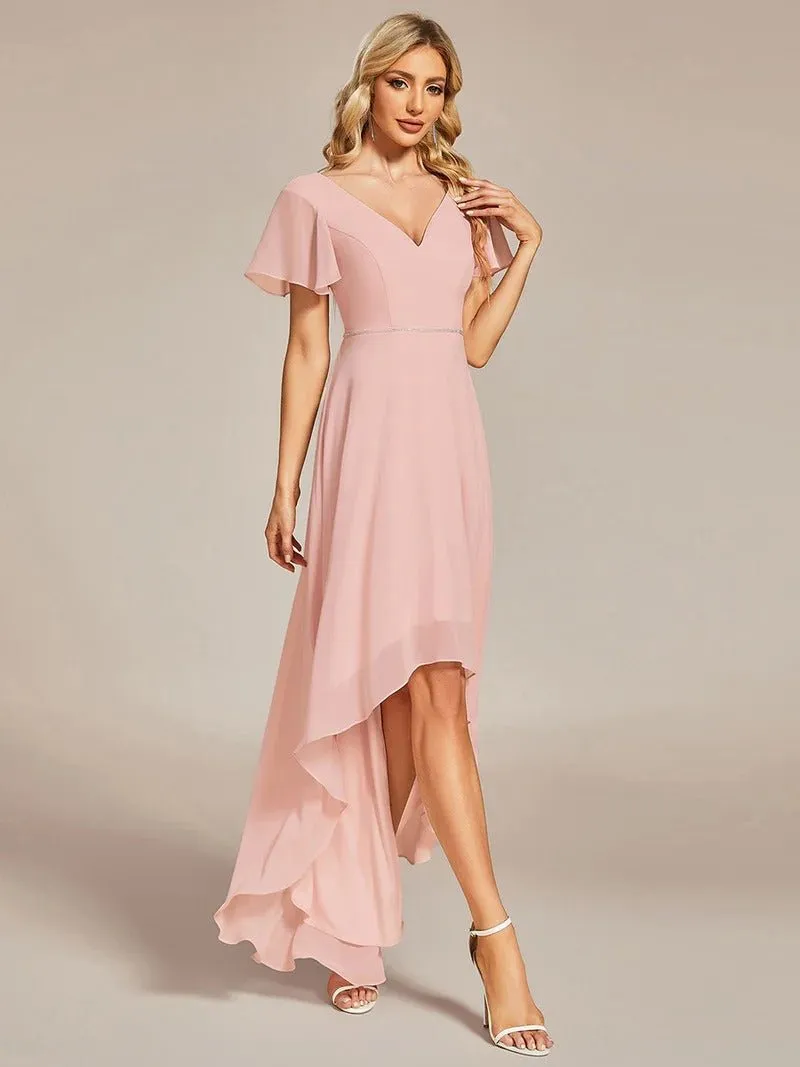 High Low Short Sleeve Chiffon Evening Dresses