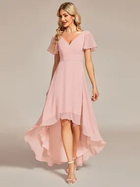 High Low Short Sleeve Chiffon Evening Dresses