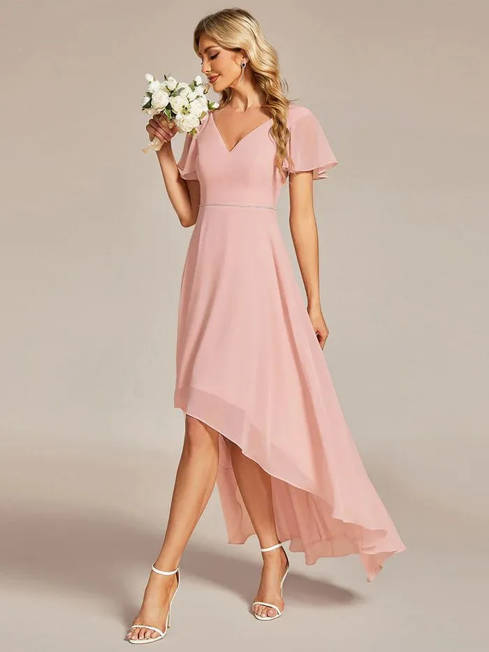 High Low Short Sleeve Chiffon Formal Dresses