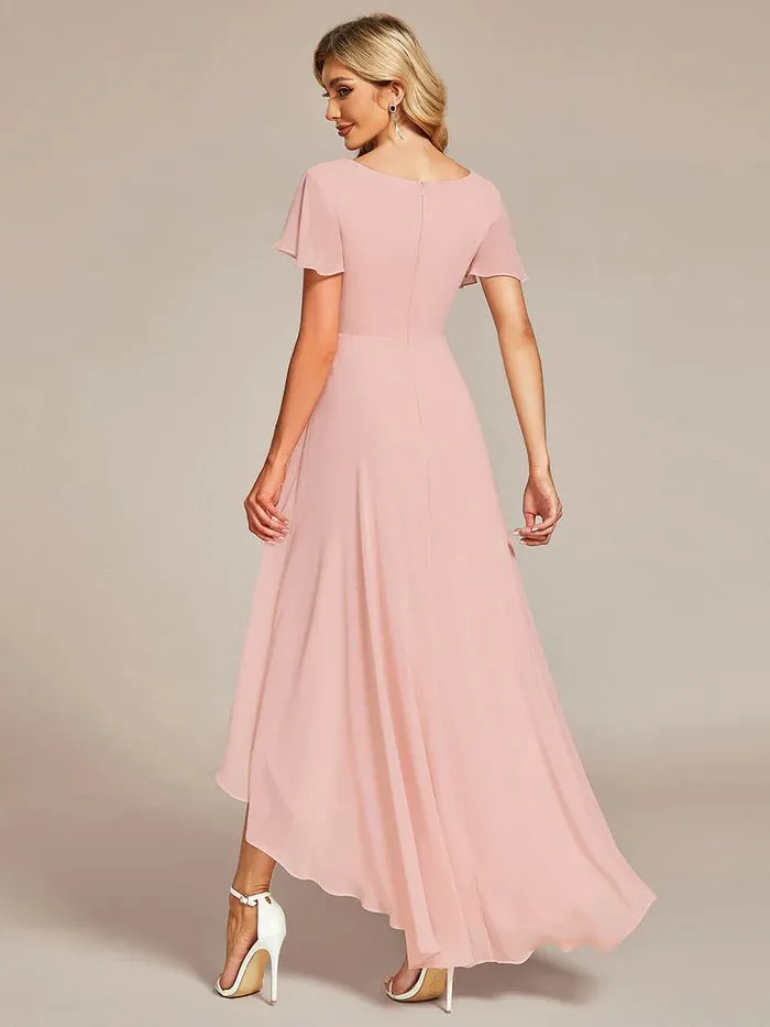 High Low Short Sleeve Chiffon Formal Dresses