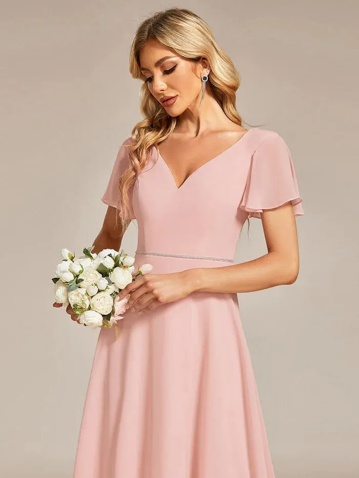 High Low Short Sleeve Chiffon Formal Dresses