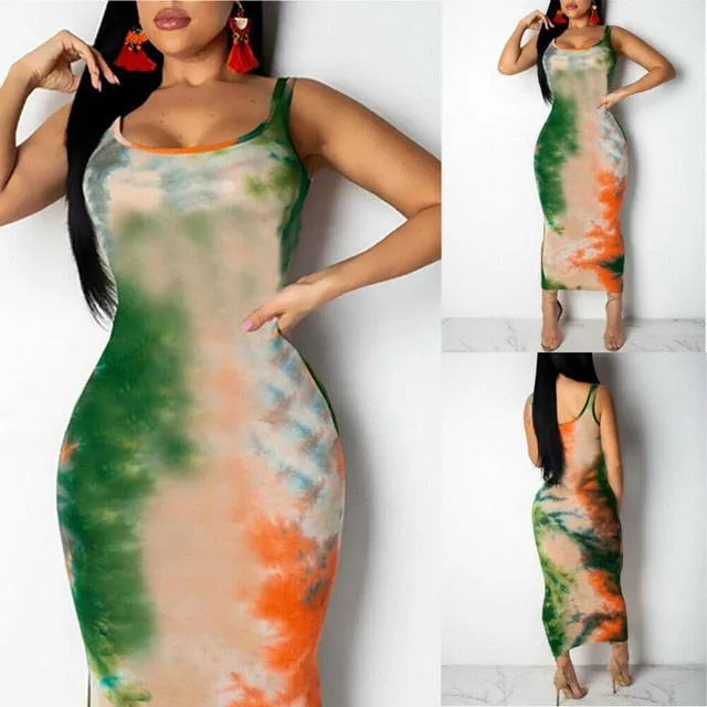 Hirigin Graffiti Slim Fit Cotton Tie Dye Dress Boho Long Maxi Dresses Evening Party Beach Bodycon Dresses Sundress