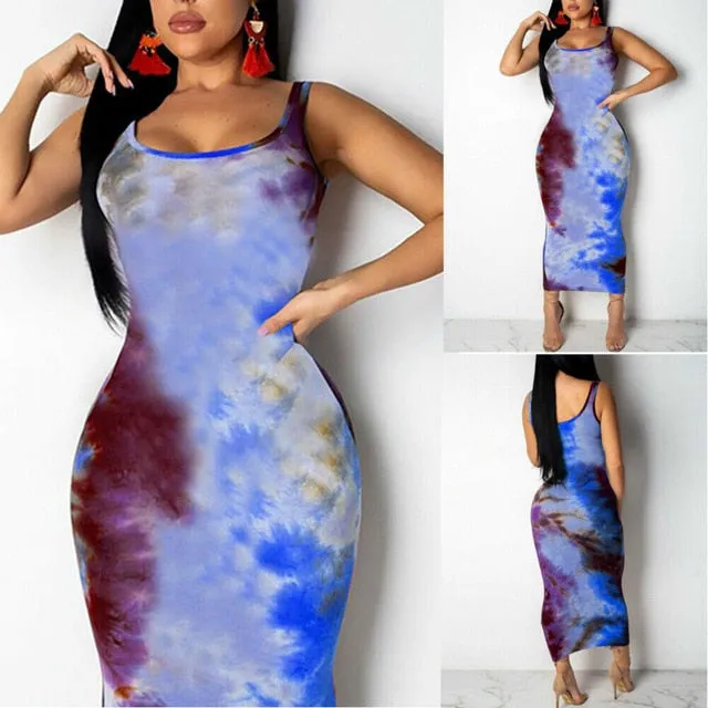 Hirigin Graffiti Slim Fit Cotton Tie Dye Dress Boho Long Maxi Dresses Evening Party Beach Bodycon Dresses Sundress