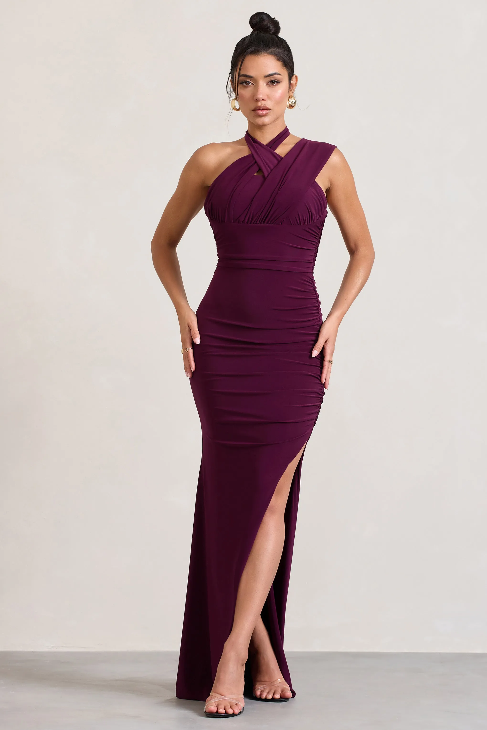 Ignite | Burgundy Strappy Halter-Neck Asymmetric Maxi Dress