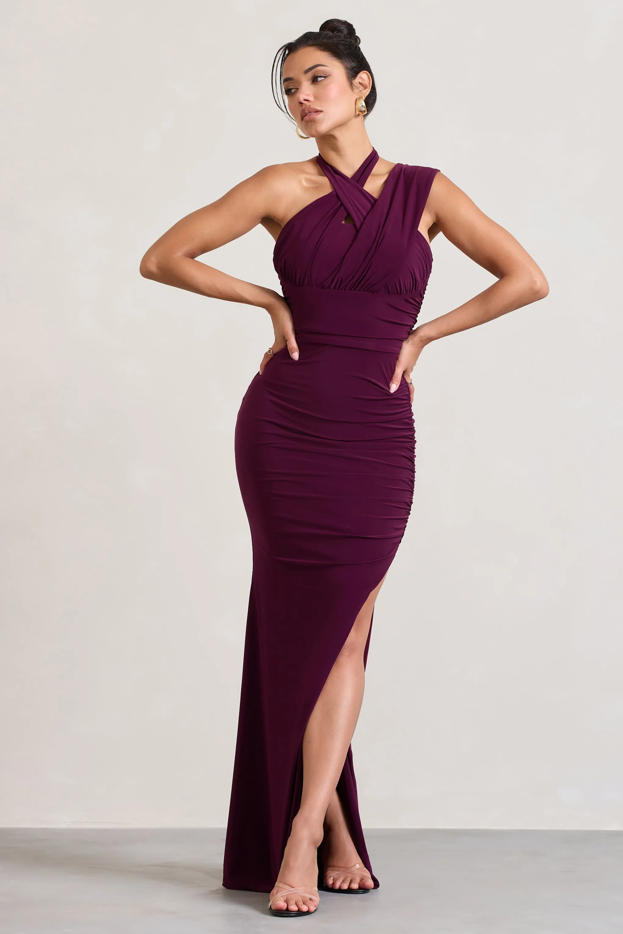 Ignite | Burgundy Strappy Halter-Neck Asymmetric Maxi Dress