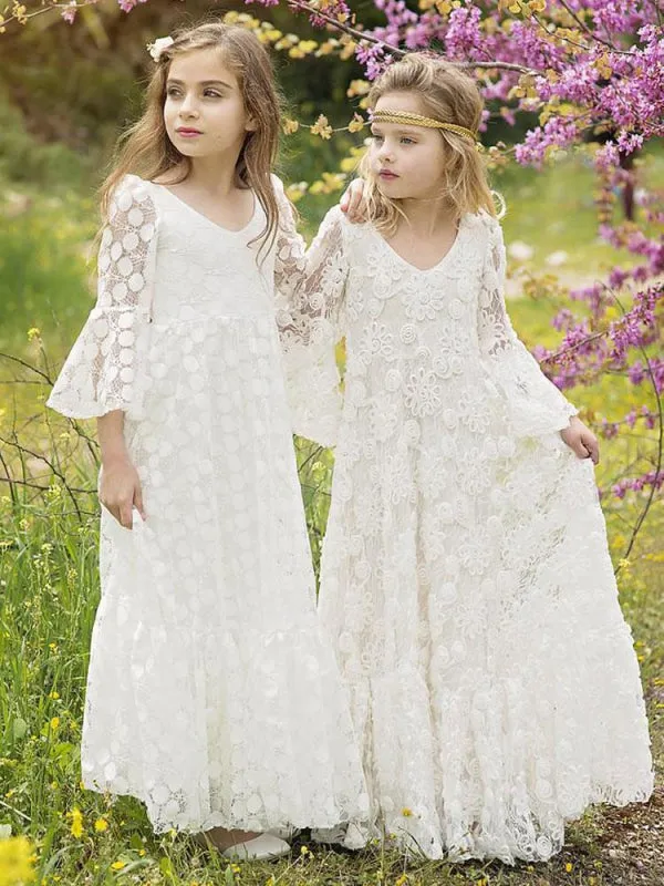 Ivory Jewel Neck Long Sleeves Lace Little Girl Dresses Party Dresses for Kids