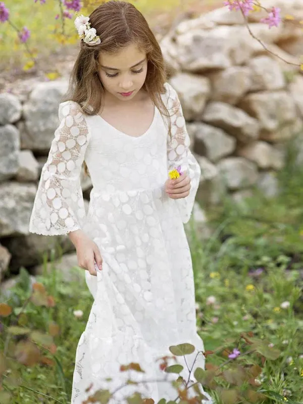 Ivory Jewel Neck Long Sleeves Lace Little Girl Dresses Party Dresses for Kids