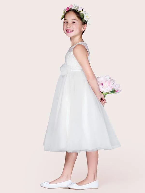 Ivory Tulle Jewel Neck Sleeveless Flower Girl Dresses A-Line Beaded Kids Social Party Dresses