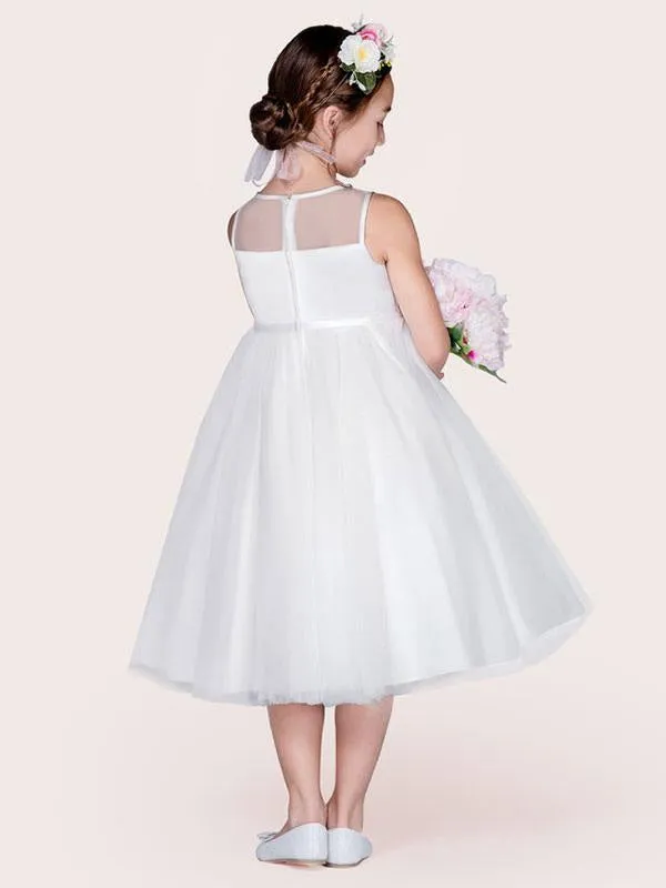 Ivory Tulle Jewel Neck Sleeveless Flower Girl Dresses A-Line Beaded Kids Social Party Dresses