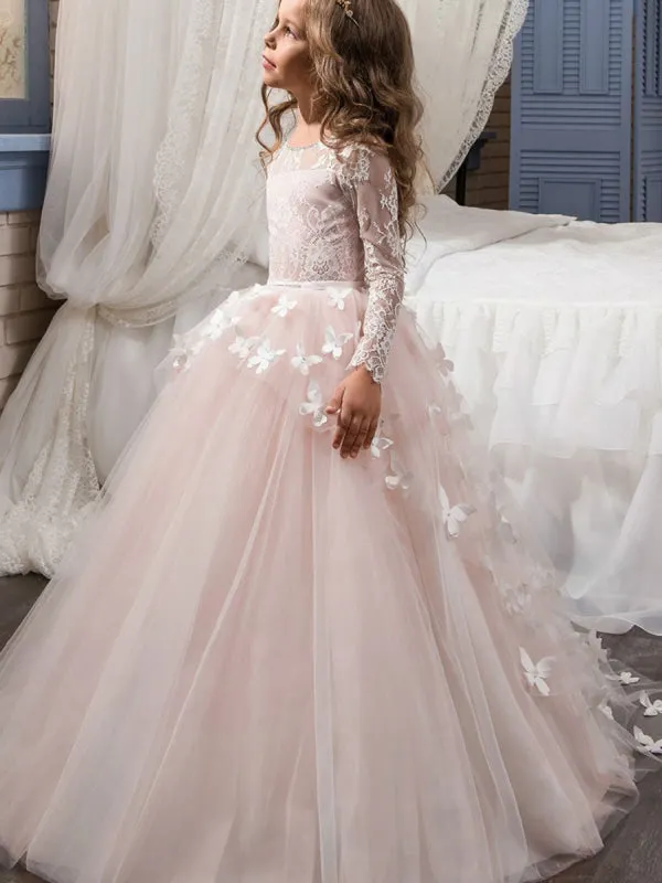 Jewel Neck Flower Girl Dresses Long Sleeves Tulle Butterfly Princess Dresses for Kids