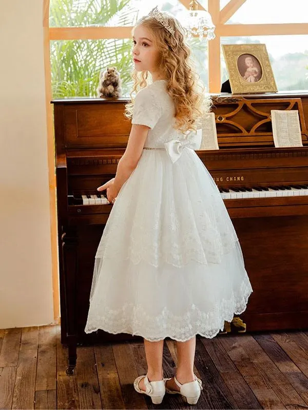 Jewel Neck Lace Short Sleeves Flower Girl Dresses White Tea-Length A-Line Lace Formal Kids Pageant Dresses