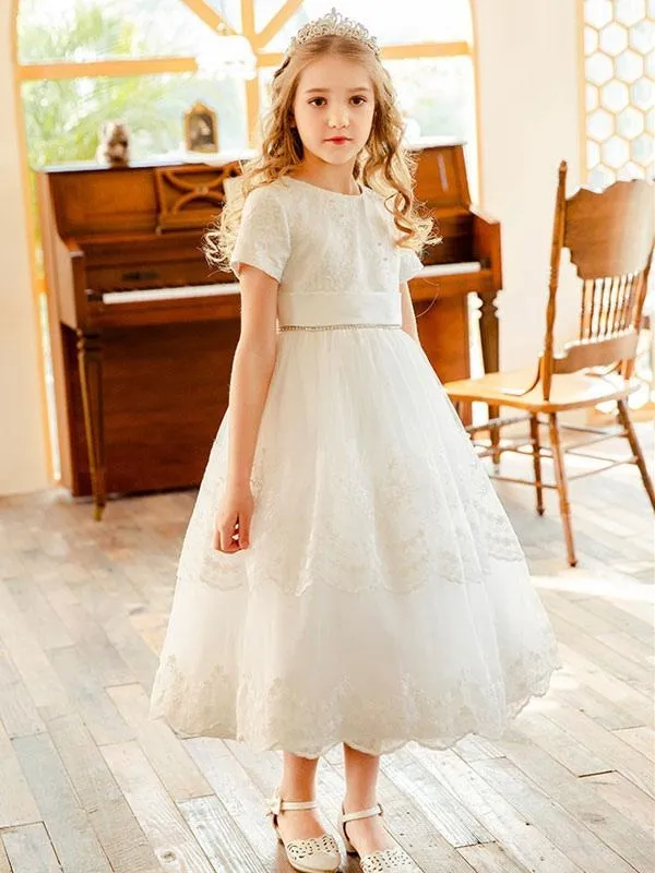 Jewel Neck Lace Short Sleeves Flower Girl Dresses White Tea-Length A-Line Lace Formal Kids Pageant Dresses