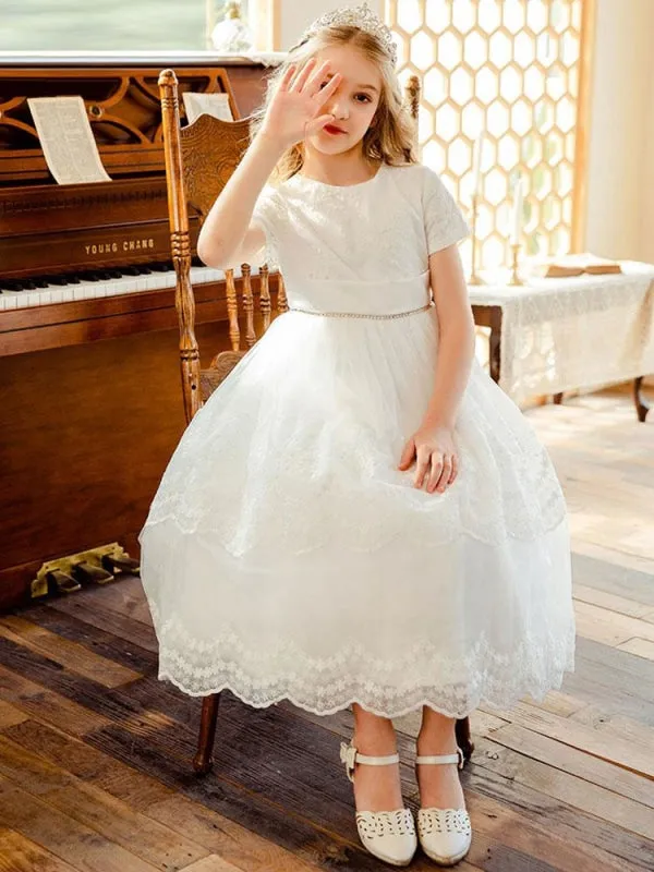 Jewel Neck Lace Short Sleeves Flower Girl Dresses White Tea-Length A-Line Lace Formal Kids Pageant Dresses