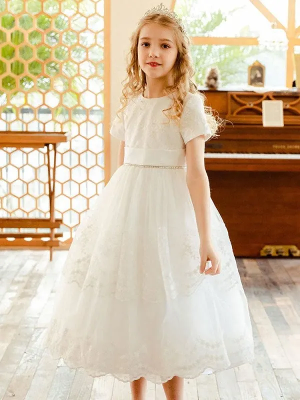 Jewel Neck Lace Short Sleeves Flower Girl Dresses White Tea-Length A-Line Lace Formal Kids Pageant Dresses