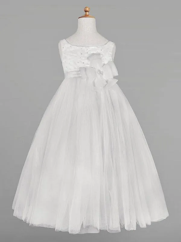 Jewel Neck Sleeveless A-Line Kids Party Dresses Ivory Tulle Flower Girl Dresses