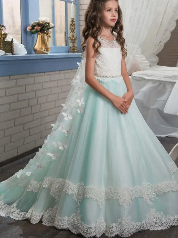 Jewel Neck Sleeveless Butterfly Flower Girl Dresses Detachable Wrap Formal Kids Pageant Dresses