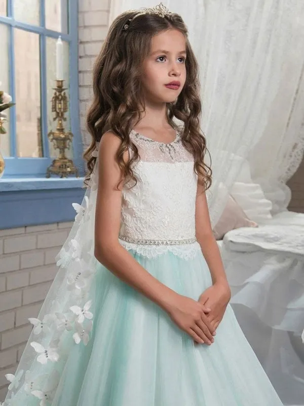 Jewel Neck Sleeveless Butterfly Flower Girl Dresses Detachable Wrap Formal Kids Pageant Dresses