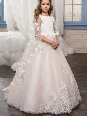 Jewel Neck Sleeveless Flower Girl Dresses Lace Applique Detachable Tulle Warp Formal Kids Pageant Dresses