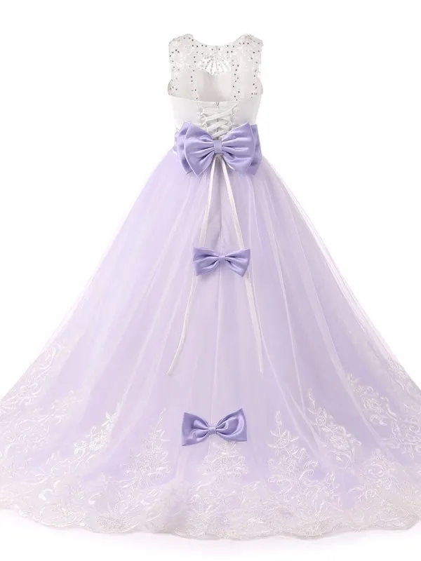 Jewel Neck Sleeveless Flower Girl Dresses with White Lace Appliques Formal Kids Pageant Bowtie Dresses