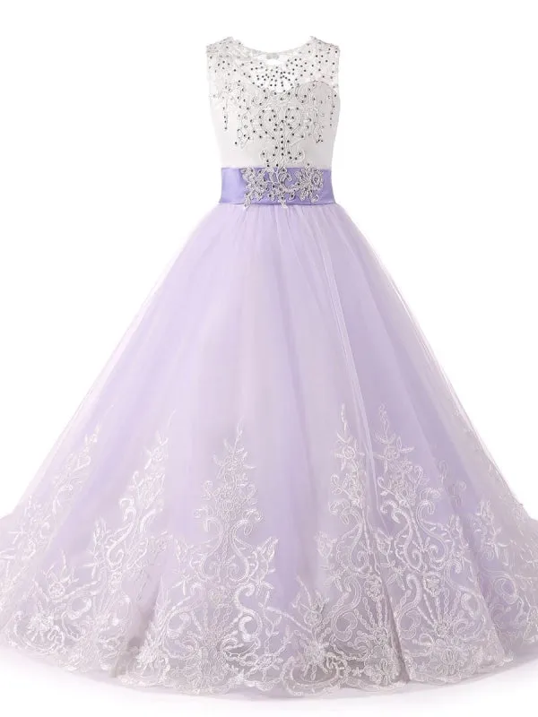 Jewel Neck Sleeveless Flower Girl Dresses with White Lace Appliques Formal Kids Pageant Bowtie Dresses