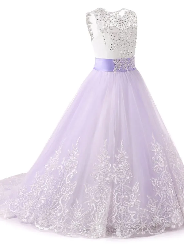 Jewel Neck Sleeveless Flower Girl Dresses with White Lace Appliques Formal Kids Pageant Bowtie Dresses