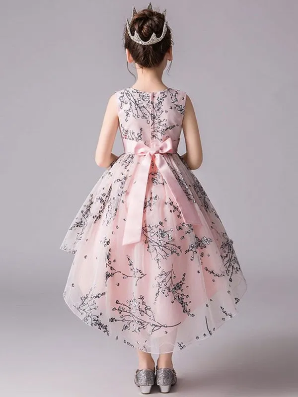 Jewel Neck Sleeveless Hi-Lo Flower Girl Dresses Formal Kids Pageant Dresses with Bow