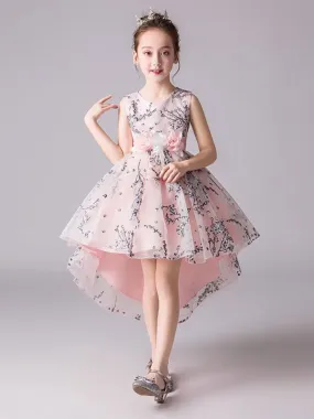 Jewel Neck Sleeveless Hi-Lo Flower Girl Dresses Formal Kids Pageant Dresses with Bow